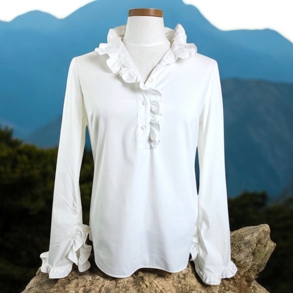 TORY BURCH Ruffled Popover Shirt Blouse White Long Sleeve Cotton Stretch - Picture 1 of 7